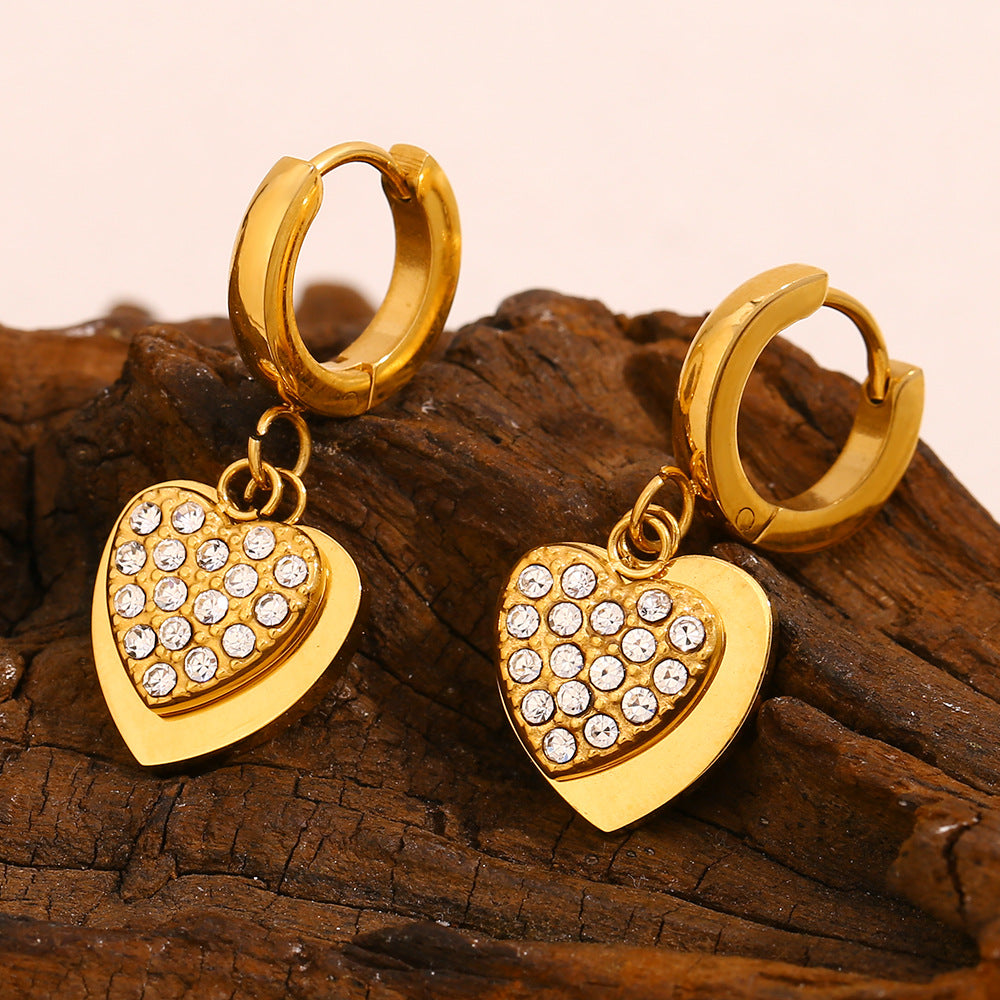 Minimalist Heart-Shaped Stainless Steel Earrings with 18K Gold Plating and Zircon Accents for Women