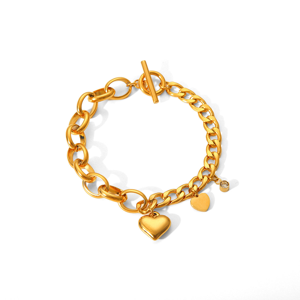 Bracciale da donna a catena cubana ovale con ciondolo a cuore in zirconia in stile INS, in acciaio inossidabile placcato oro 18K