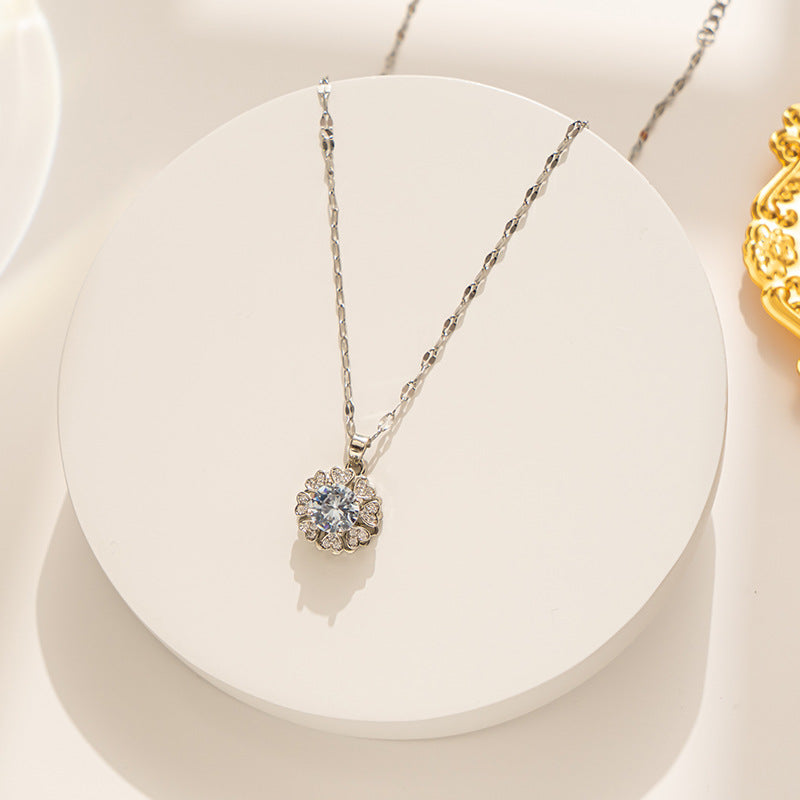 Luxury Rotating Double-Layer Heart-Shaped Petal Pendant Necklace in Titanium Steel with Micro-Pavé Zirconia and Wavy Chain