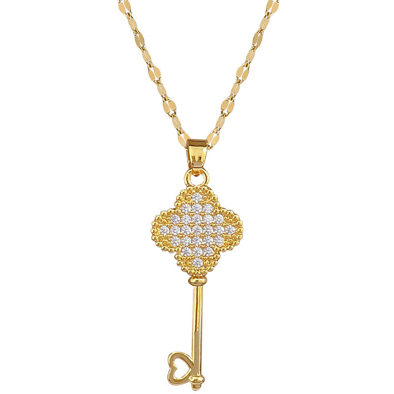 Minimalist Clover-Shaped Titanium Steel Necklace with Rhinestone Inlay for Women and Men, Delicate Clavicle Chain