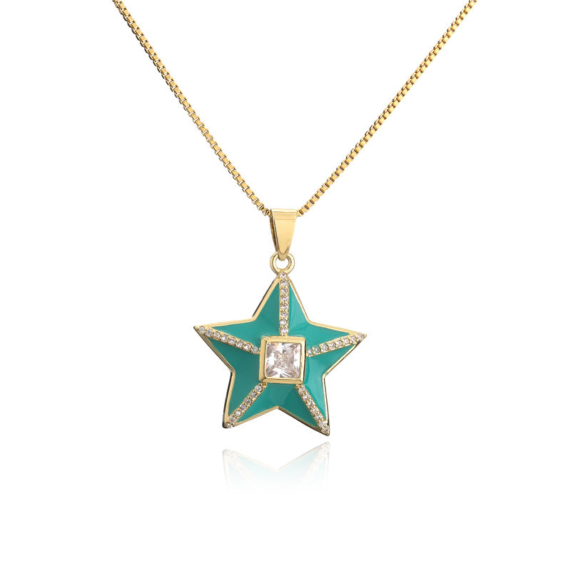 18K Gold Plated Brass Star Drip Oil Cubic Zirconia Pendant Necklace Box Chain for Women
