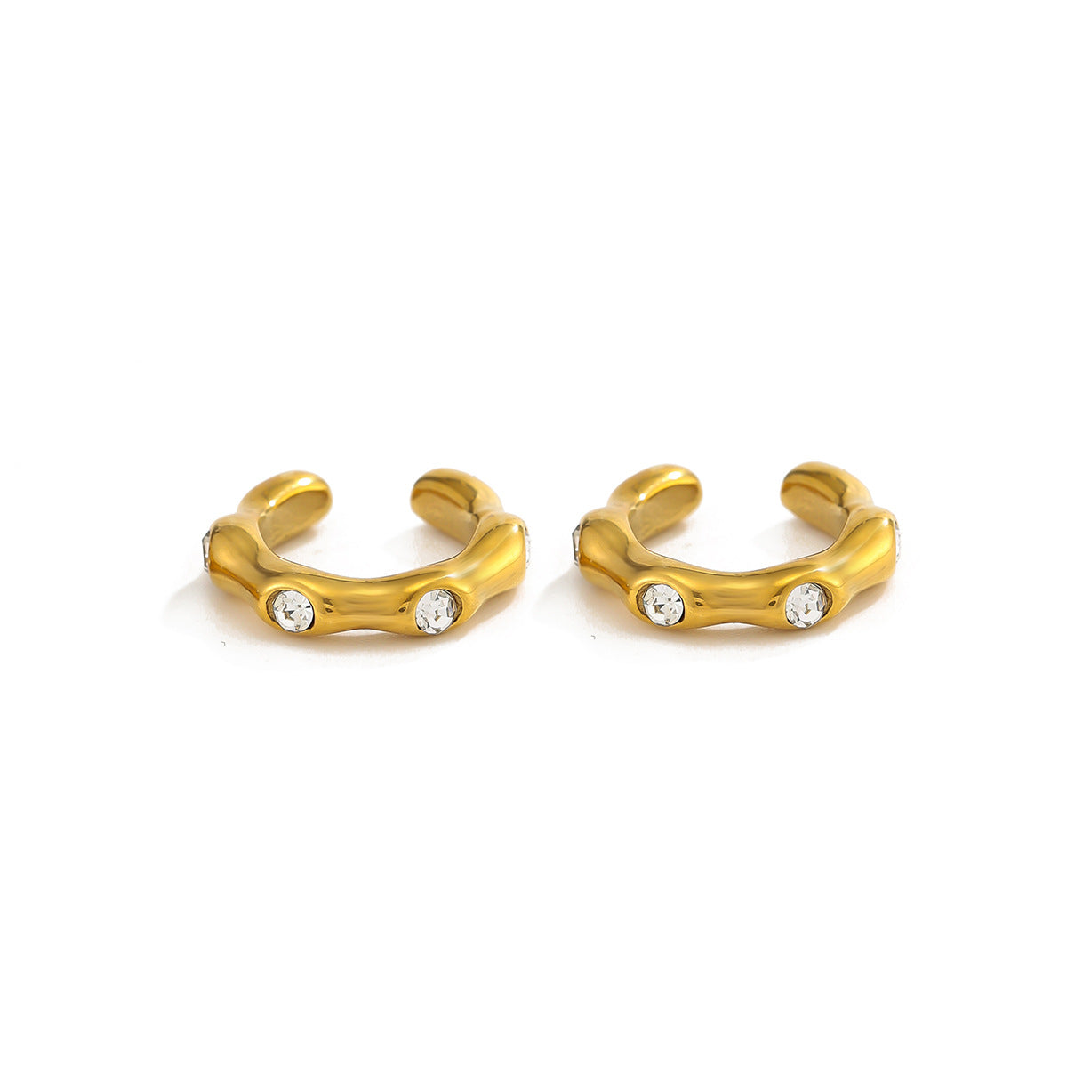 18K Gold Plated PVD Stainless Steel C-Shape Rhinestone Bamboo Segment Clip-on Earrings for Women