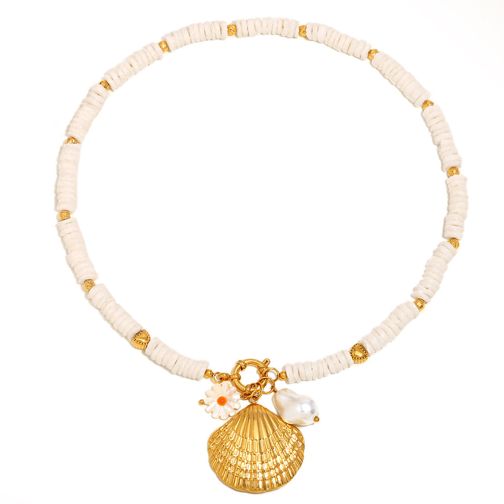 Vintage Fashion Geometric Stainless Steel Plated 18K Gold White Shell Pendant Necklace for Women