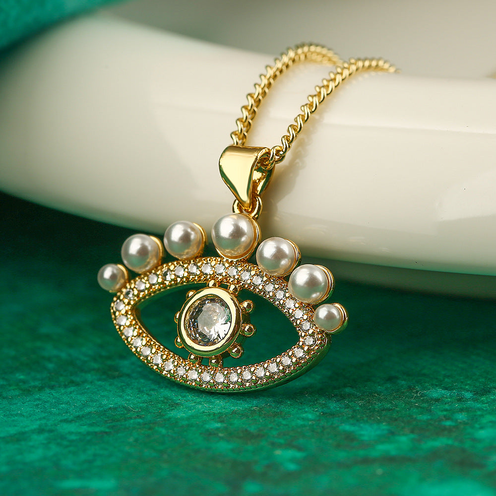 Collana pendente a occhio di Allah geometrico minimalista da donna con zirconi e perle su catena in rame