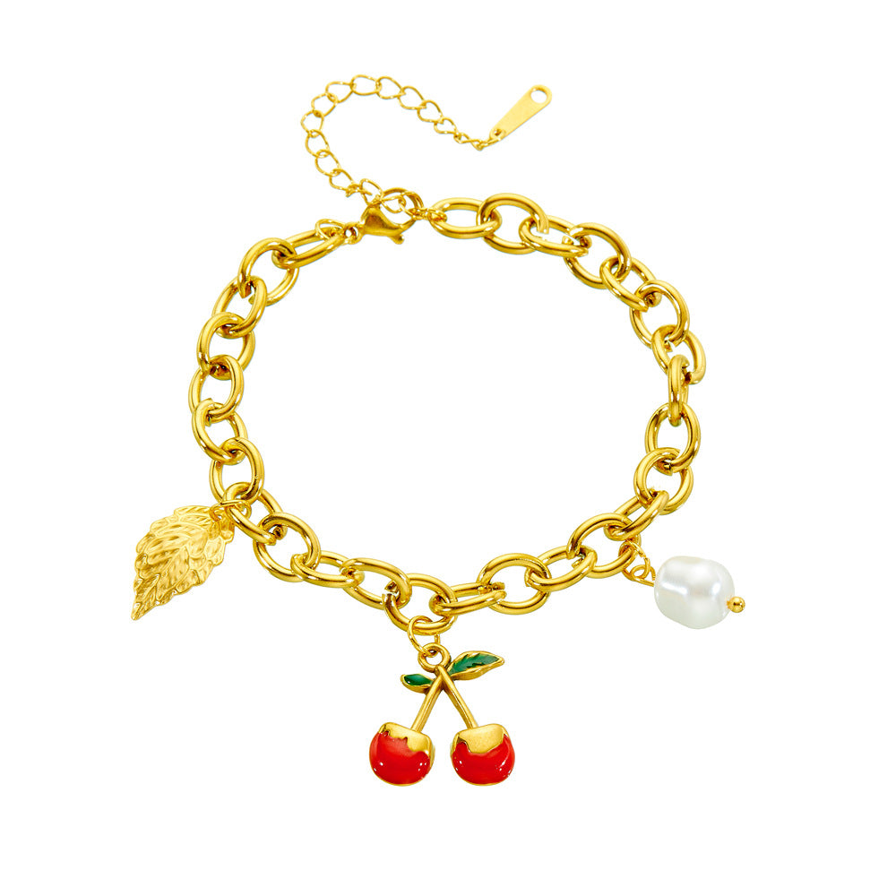 Sweet Plated Stainless Steel Fruit Leaf Pearl Charm Bar Bracelet for Women