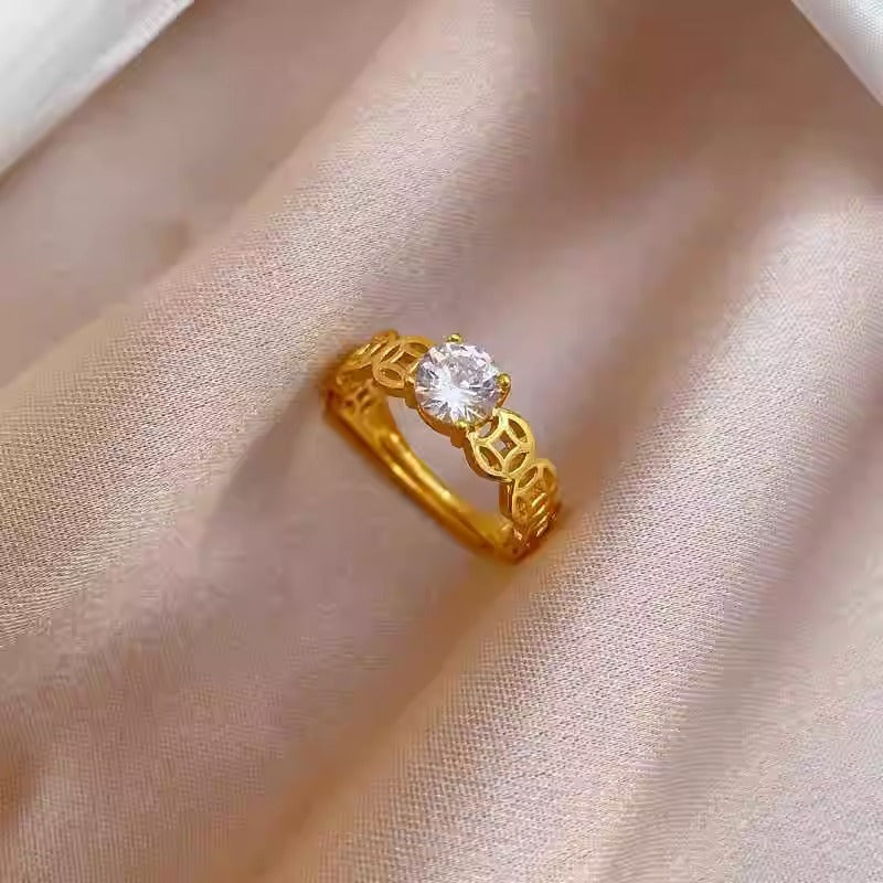 Minimalist Adjustable Copper Ring with Gold-Tone Plating and Simulated Cubic Zirconia Accent for Women