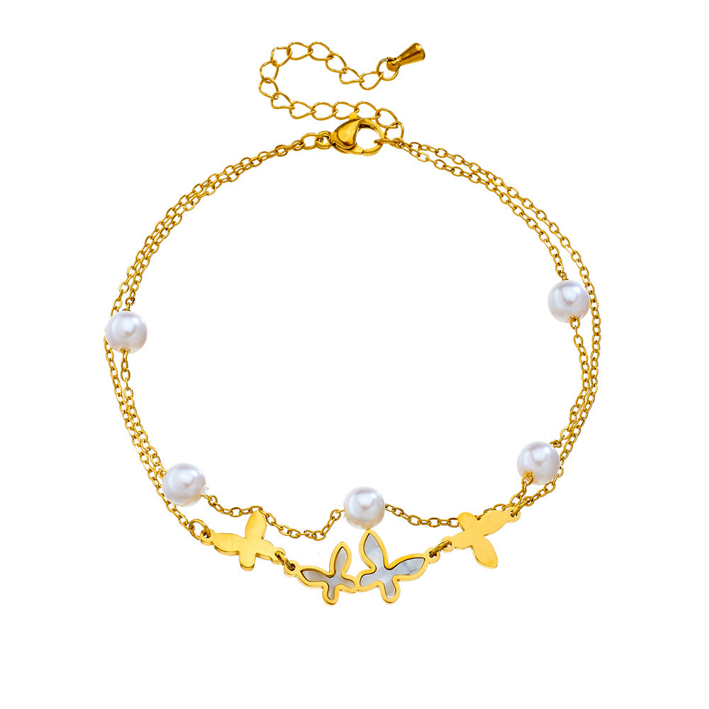Minimalist Vintage Double-Layer Pearl Butterfly Anklet for Women in Stainless Steel with Gold Plating