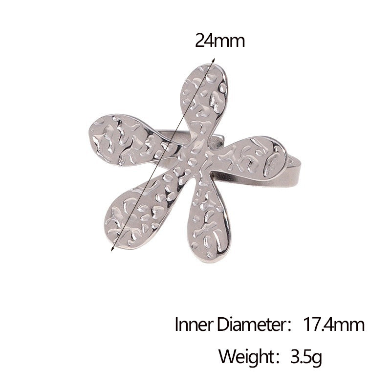 Minimalist Hammered Floral Open Ring 18K Gold Plated Stainless Steel Fashion Jewelry for Women