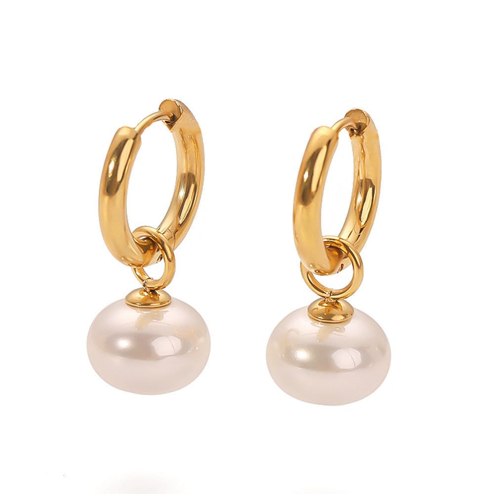 Romantic French Vintage Pearl Pendant Earrings for Women in Stainless Steel with 18K Gold Plating and Geometric Design