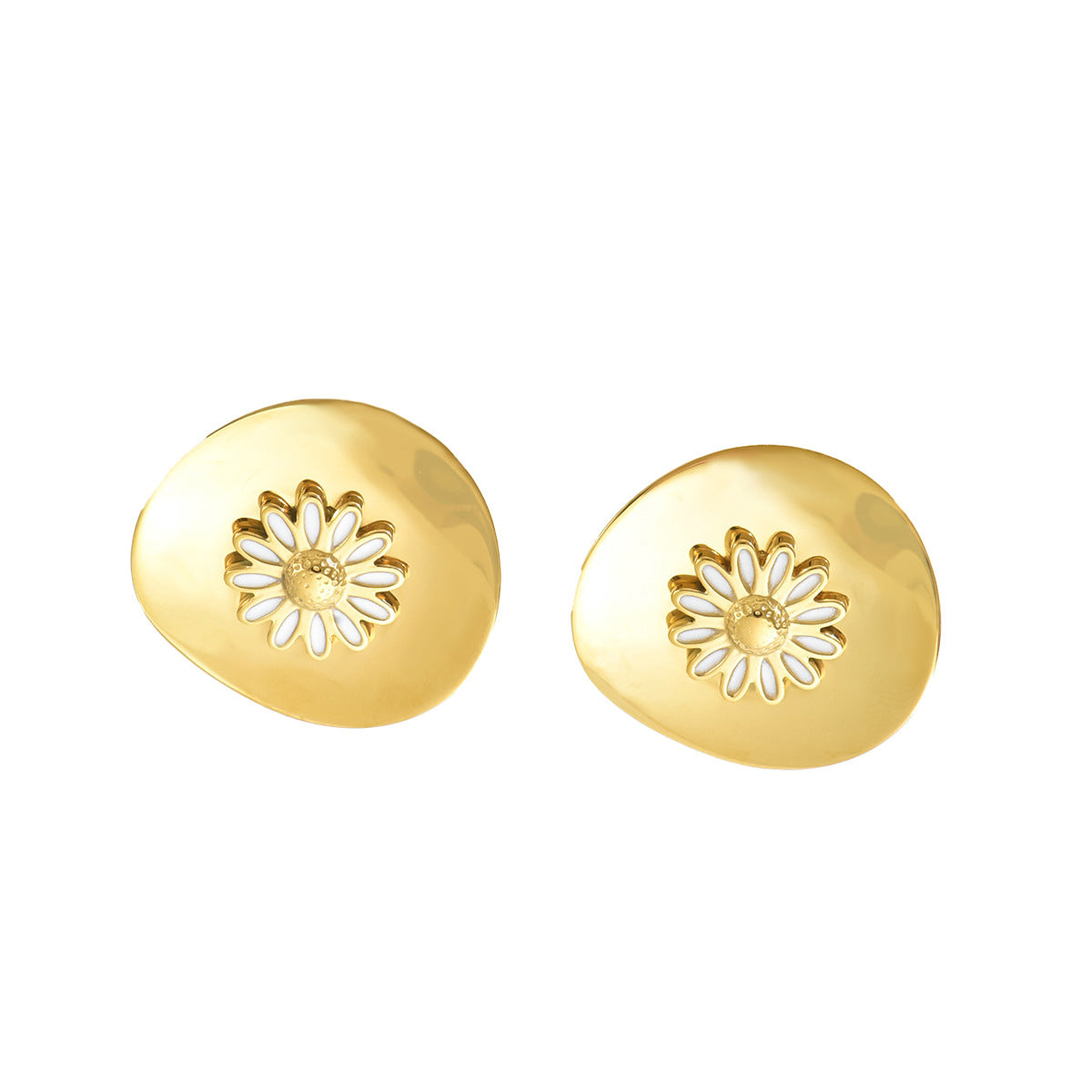 Pendientes minimalistas de margarita floral para mujer con base de cobre con acabado esmaltado y postes de acero inoxidable