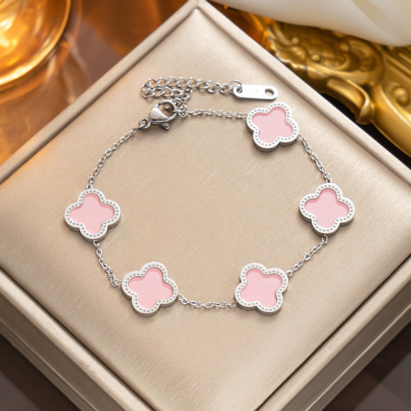 Fashion 18K Rose Gold Plated Titanium Steel Four-Leaf Clover Rhinestone Bracelet for Women