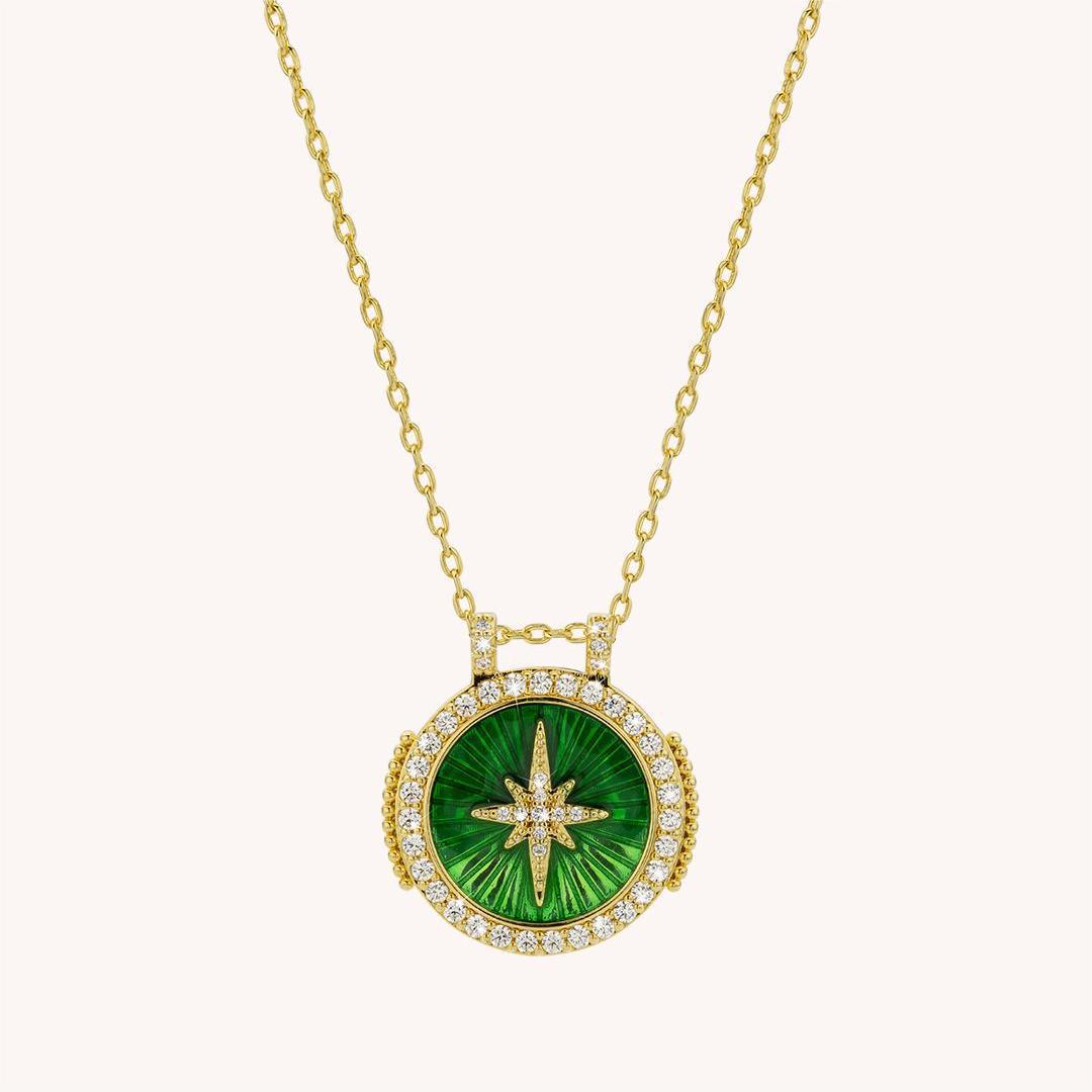 Collana con Ciondolo Tarocchi Bohemien Vintage con Motivi Sole Luna Stella e Cuore in Rame con Intarsio di Strass