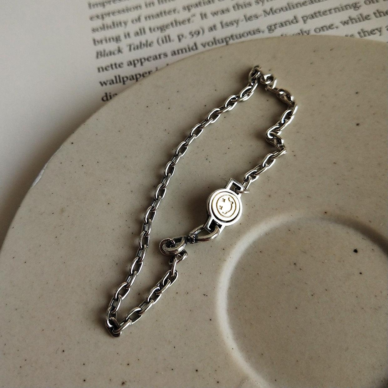 Vintage Sweet 925 Sterling Silver Geometric Smiley Face Beaded Bracelet for Women