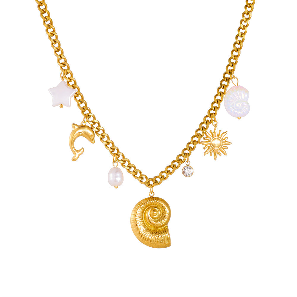 Minimalist Gold Plated Stainless Steel Animal Pendant Necklace with Conch and Dolphin Design for Women