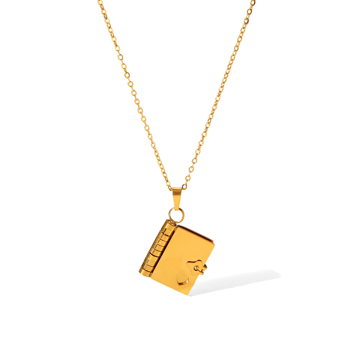 Collana con ciondolo a forma di libro minimalista con design a cuore aperto in acciaio inossidabile e acciaio al titanio, catena a medaglione elettroplaccata per donna