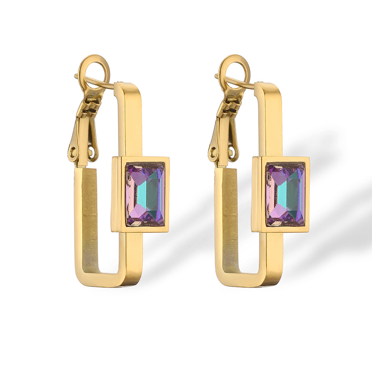 Minimalist Geometric Titanium Steel Earrings for Women with Rhinestone Inlay and Gold Plating