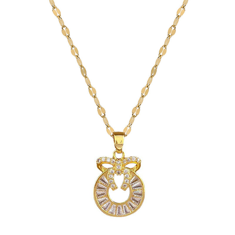 Sweet Geometric Butterfly Rhinestone Inlay Titanium Steel Necklace with Brass Pendant