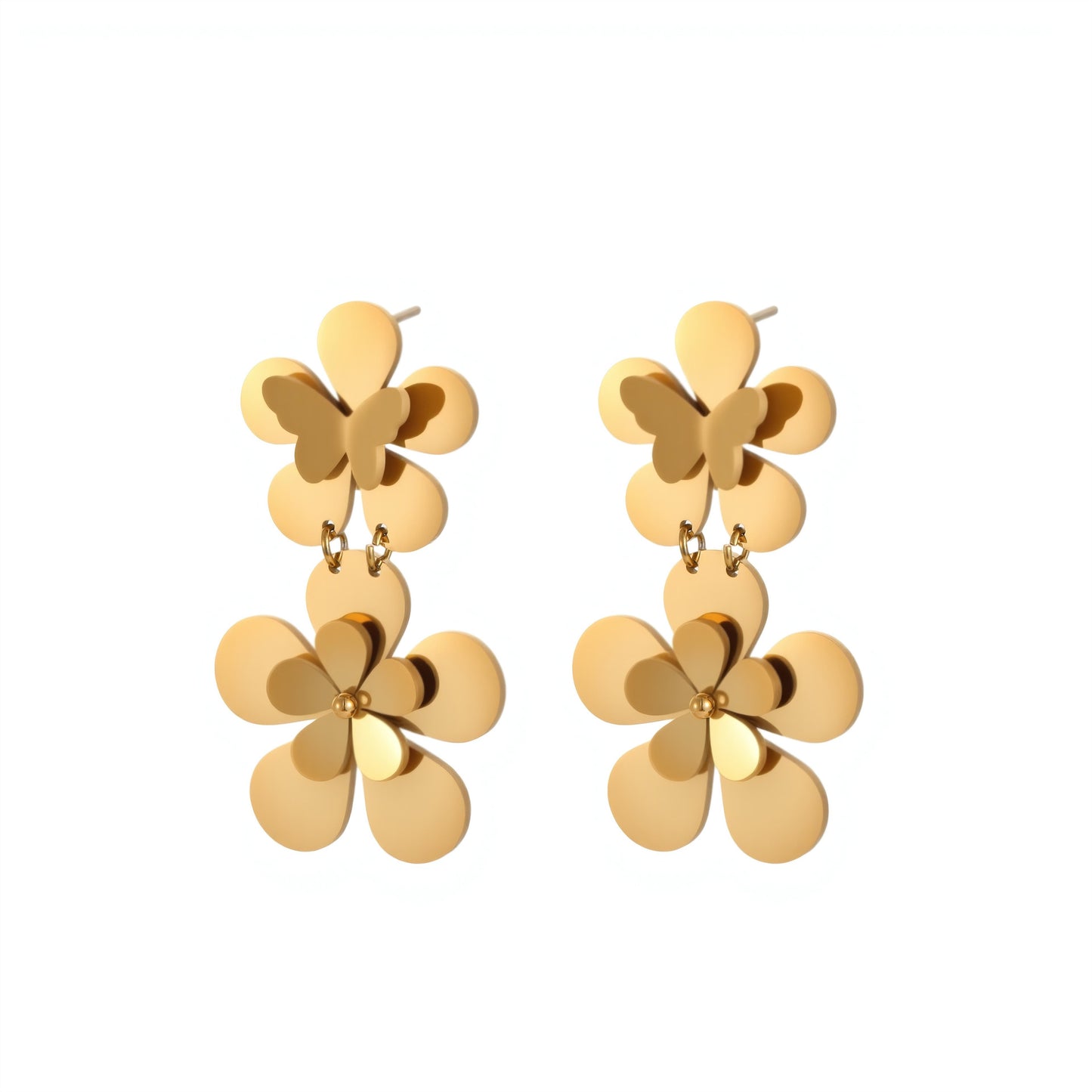 Pendientes de Mariposa Floral de Moda en Acero Inoxidable con Chapado de Oro de 18K para Mujer