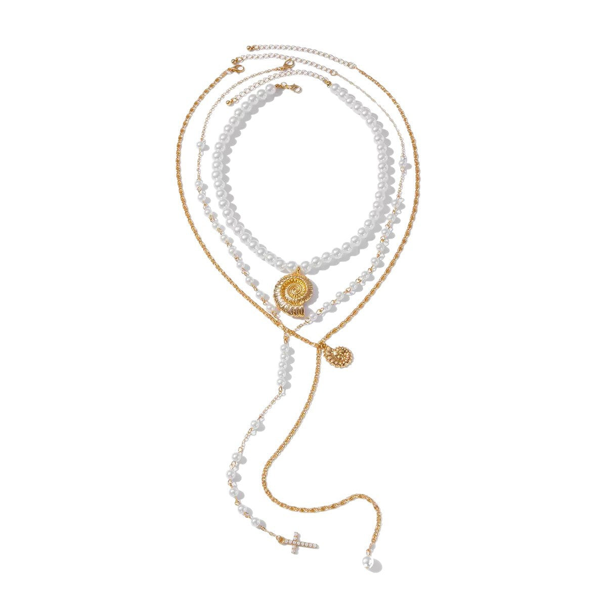 Hip-hop Casual Colorful Crystal Plated Alloy Conch Pearl Pendant Necklace Set for Women