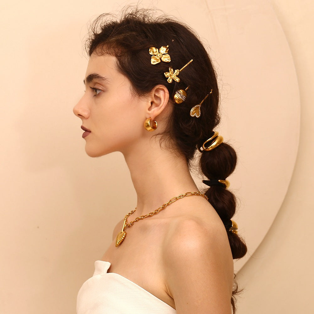 Minimalist Irregular Heart-Shaped Stainless Steel Hair Clip with 18K Gold Plating and Rhinestone Inlay for Women