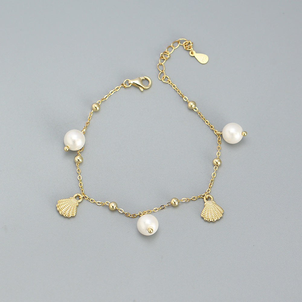 Sweet 925 Sterling Silver Geometric Pearl Shell Charm Bracelet for Women