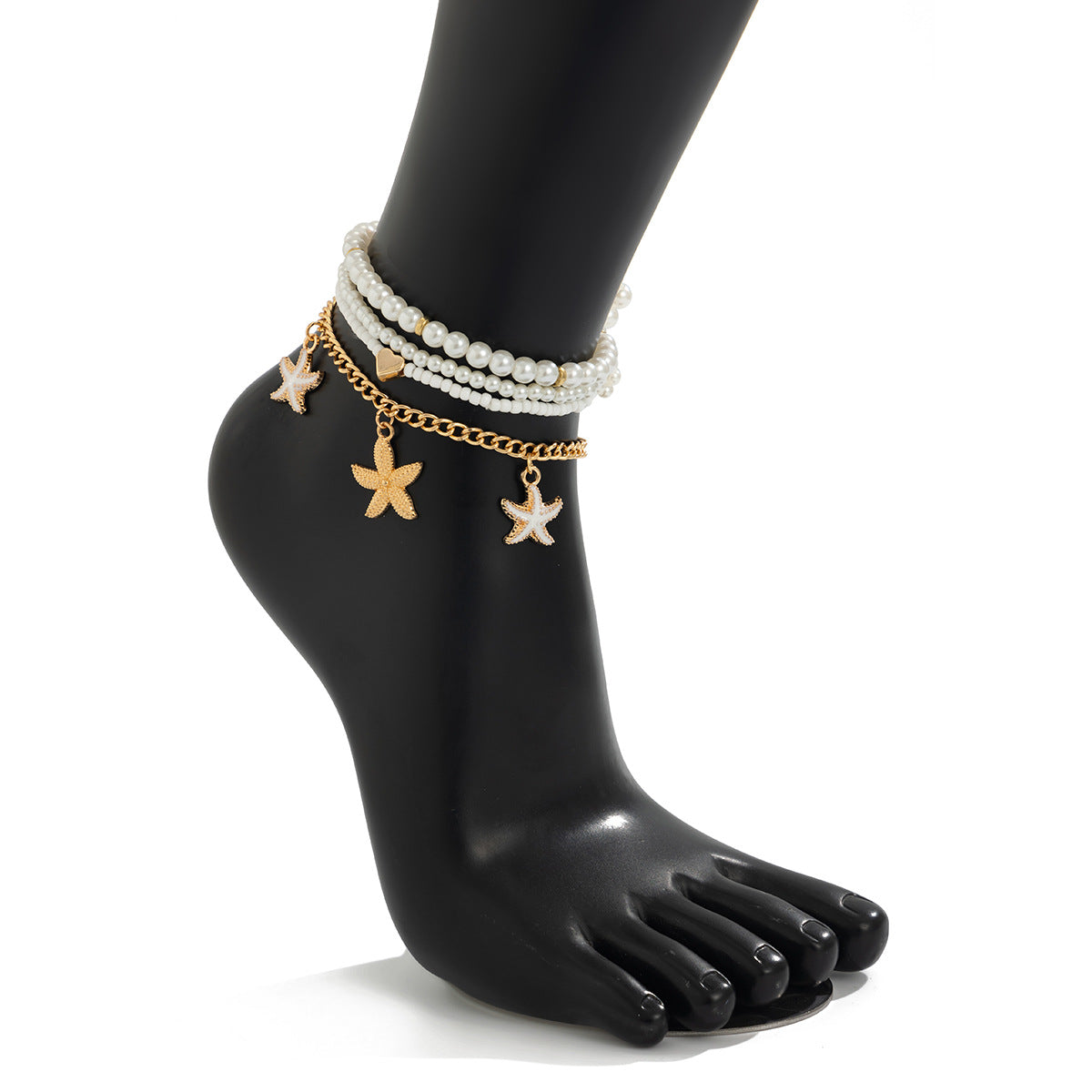 Tobillera Minimalista de Estrella de Mar para Mujer con Perla de Imitación y Abalorios en Cadena de Aleación Plateada