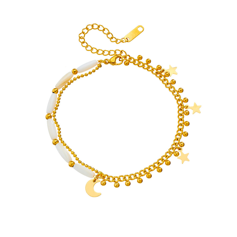 Rustic Style Star and Moon Shaped Gold-Plated Stainless Steel Anklet with Beaded Double Chain for Women