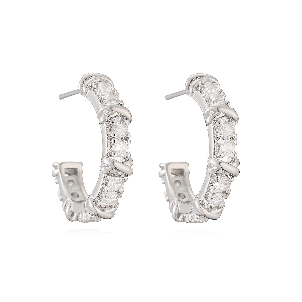 Minimalist Casual Geometric Brass Gold Plated Cubic Zirconia C-Shape Stud Earrings for Women