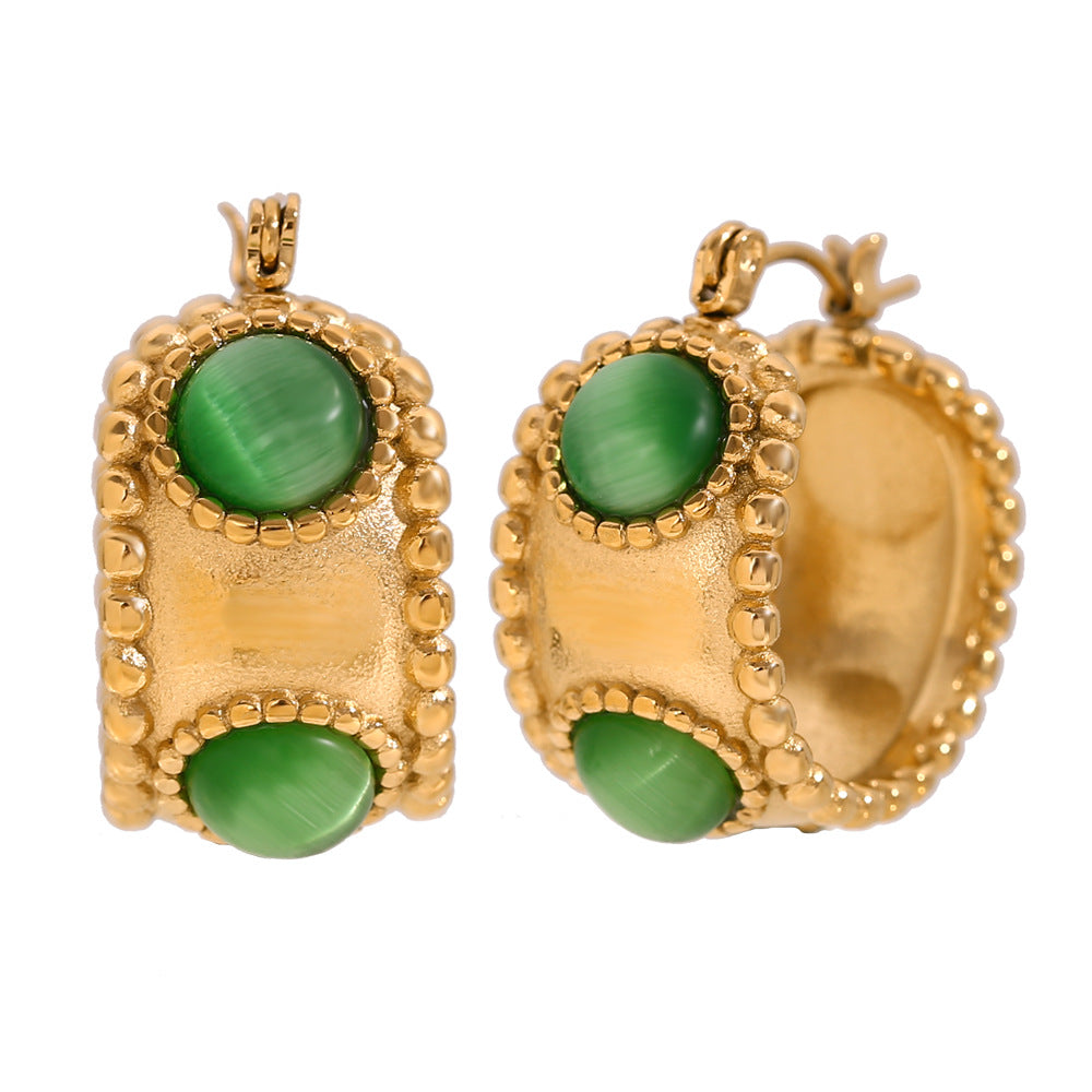 Fashionable Vintage-Style Geometric Stainless Steel 18K Gold-Plated Round Natural Stone Earrings for Women
