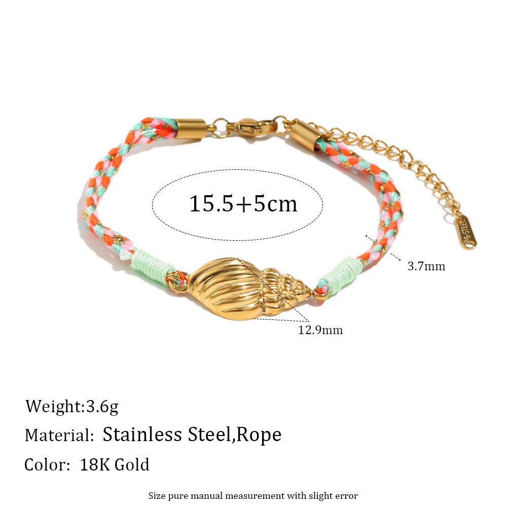 Minimalist Geometric Seashell and Floral Bracelet for Women with Stainless Steel 18K Gold Plated Accents and Cotton Cord