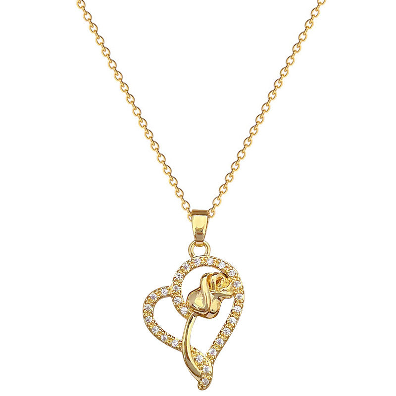Collana Minimalista con Ciondolo Cuore e Rosa per Donna, Catena in Acciaio Inossidabile con Strass, Elegante Gioiello per Clavicola