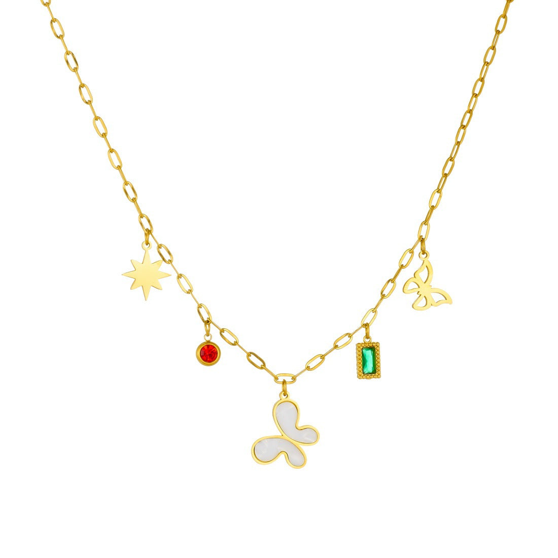 Minimalist Casual Geometric Round Square Gold Plated Rhinestone Butterfly Pendant Necklace for Women