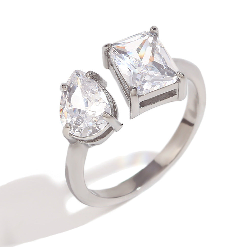 Creative Geometric Stainless Steel Ring with 18K Gold Plating and Square Zirconia Accent for Women