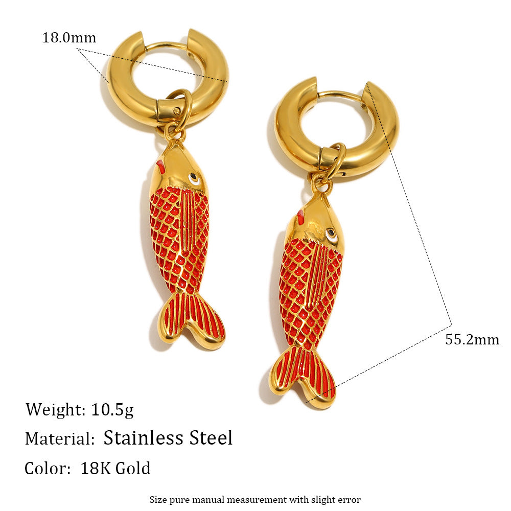 Colorful Drip Oil Plated 18K Gold Stainless Steel Fish Earrings for Women