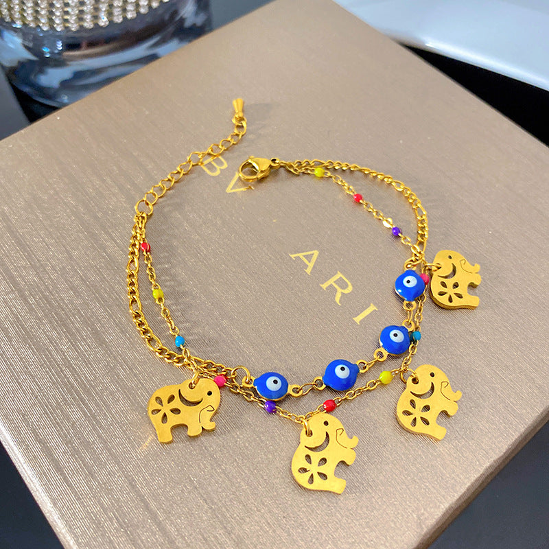 Unique Blue Eye Tree of Life Double Layer Titanium Steel Bracelet with Cute Elephant and Plant Pendant