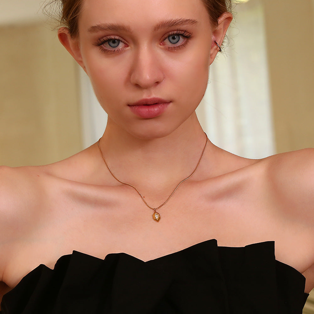 Minimalist Geometric Rhombus Pendant Necklace for Women in Stainless Steel with 18K Gold Plating and White Rhinestone Inlay