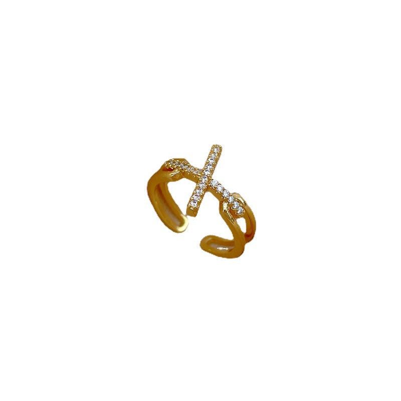 Minimalist Cross-Shaped Brass Ring with Gold Plating for Women, Lightweight Luxury Finger Ring Featuring Clean Aesthetic and Subtle Crown Silhouette