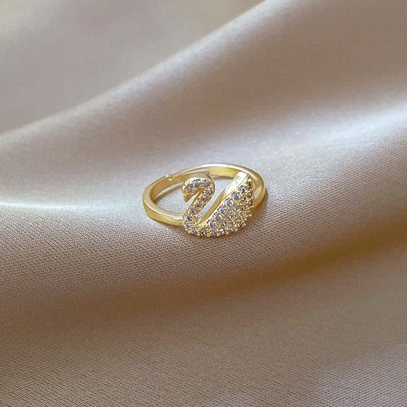 Anello nuziale regolabile a forma di cigno per donna con intarsio completo di strass, anello a fascia minimalista in stile giapponese