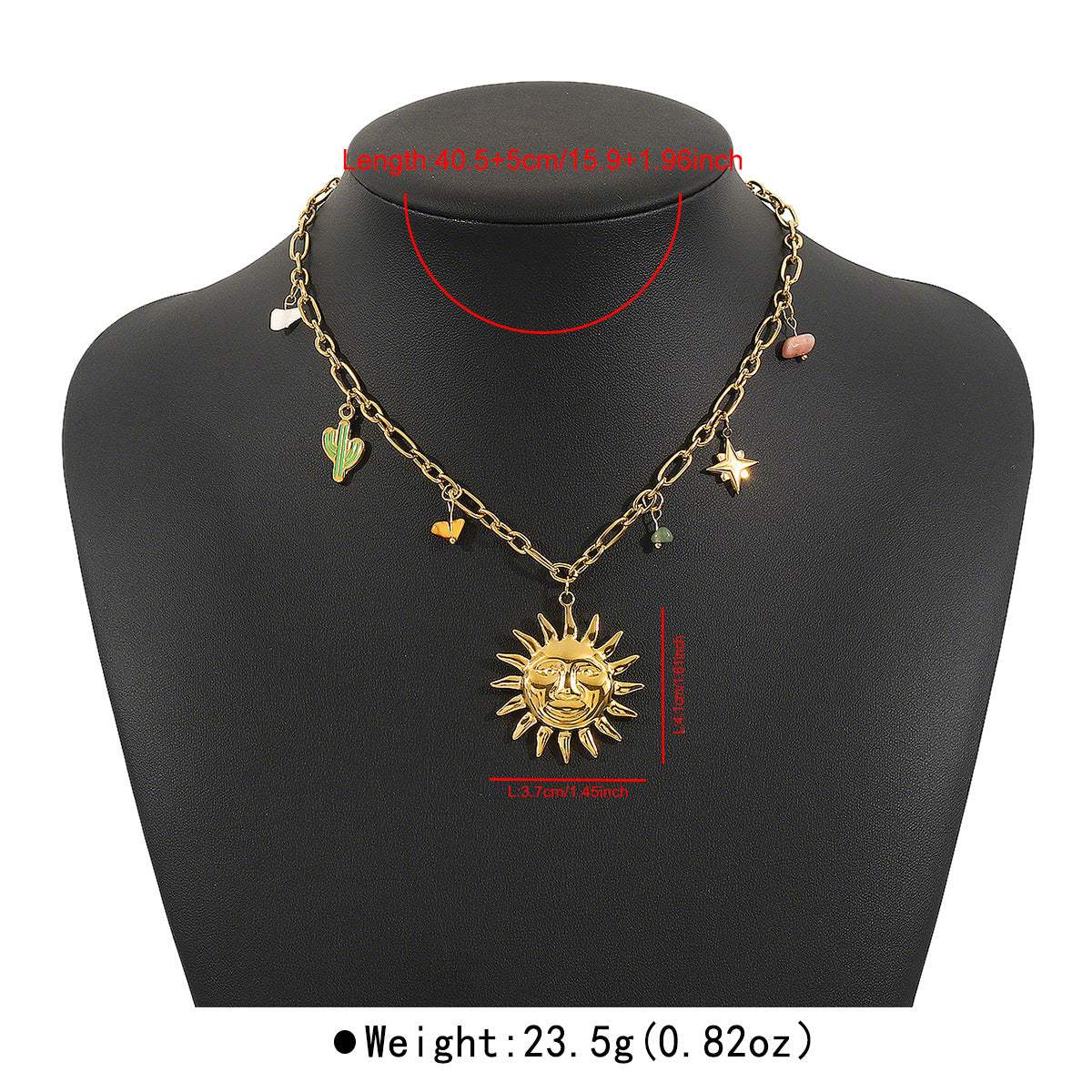 Collana da donna vintage in acciaio inossidabile con pendente Sole Luna Stella, finitura placcata e catena a maglie O