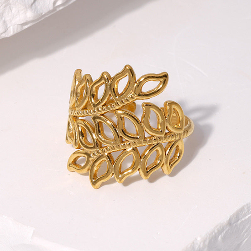 Anello in Acciaio al Titanio a Forma di Foglia Minimalista per Donna con Placcatura in Oro 18K e Fascia Regolabile