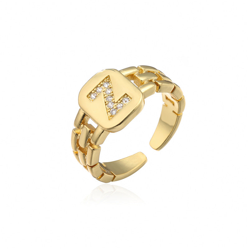 Minimalist Letter Shape Copper Ring with Micro-Pavé Setting Adjustable Geometric Band