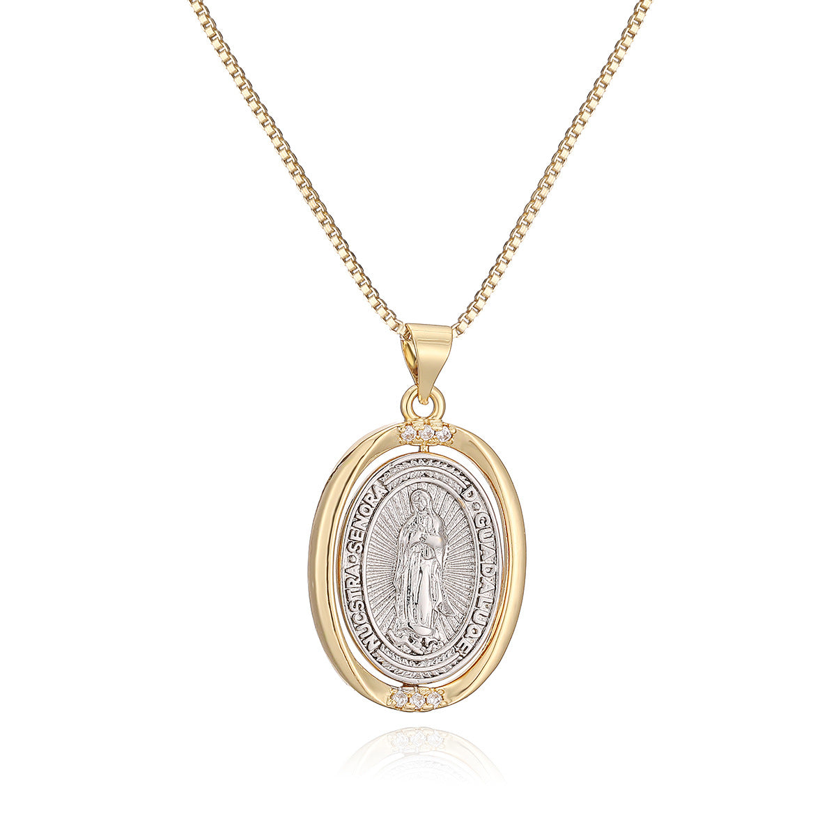 Vintage Minimalist Geometric Brass Gold Plated Cubic Zirconia Virgin Mary Pendant Necklace
