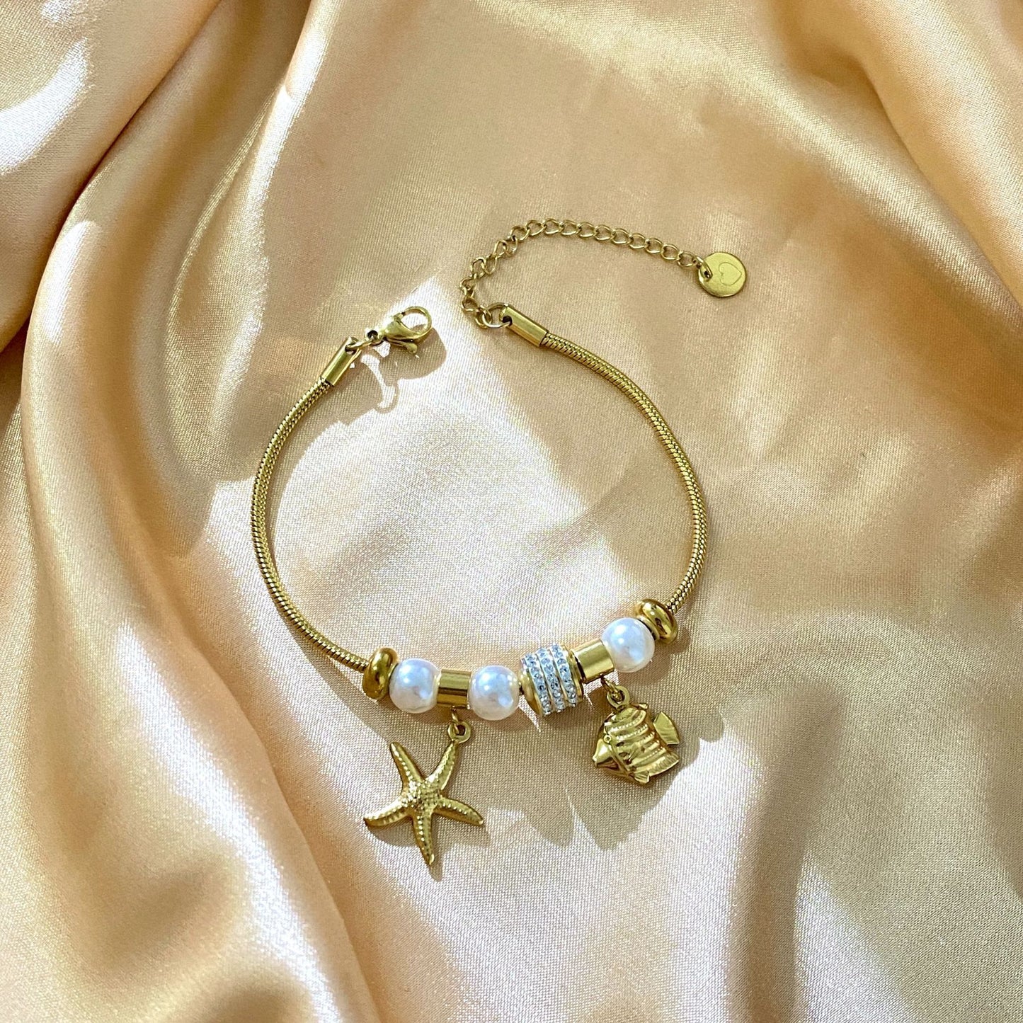 Sweet Geometric Starfish Shell Dolphin Fish Imitation Pearl Design Stainless Steel Bracelet for Women