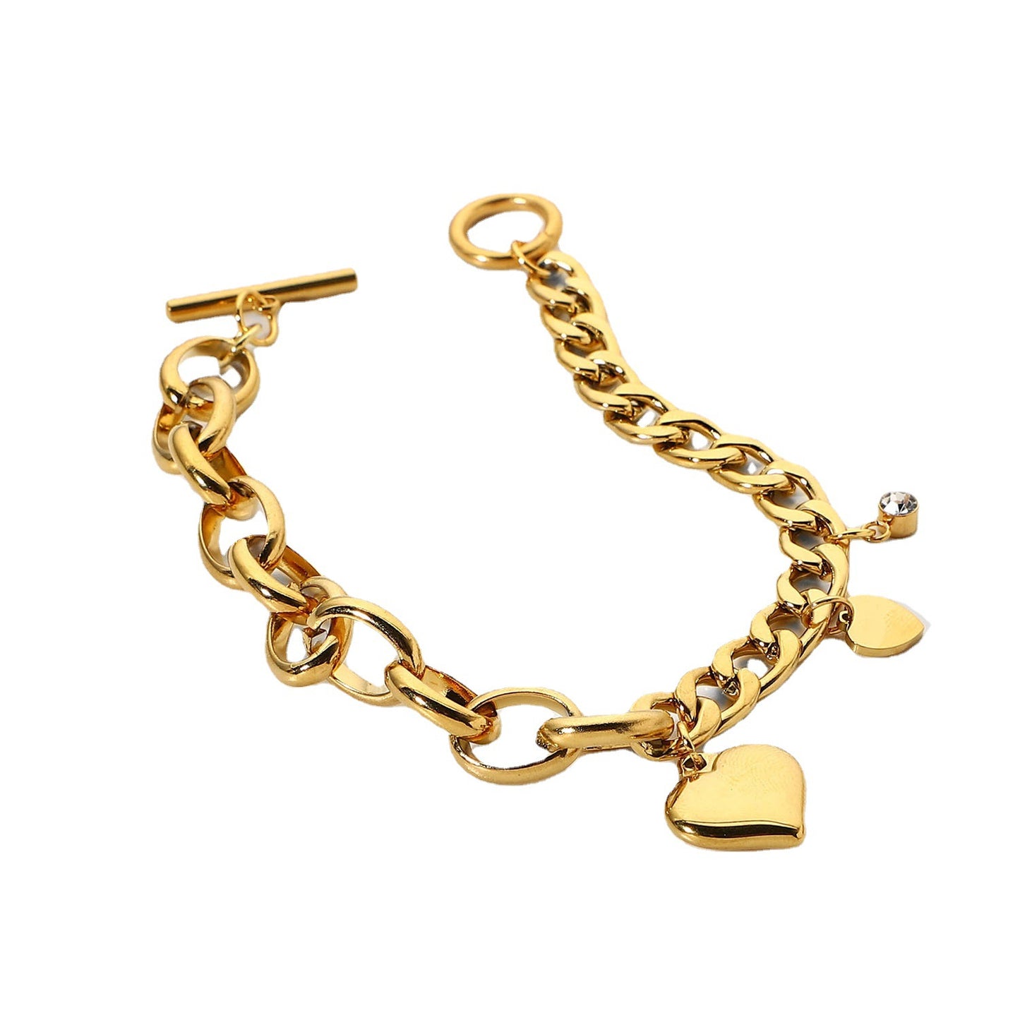Ins Style Heart-Shaped Cubic Zirconia Pendant Bracelet with Oval Cuban Link Chain in 18K Gold-Plated Stainless Steel for Women