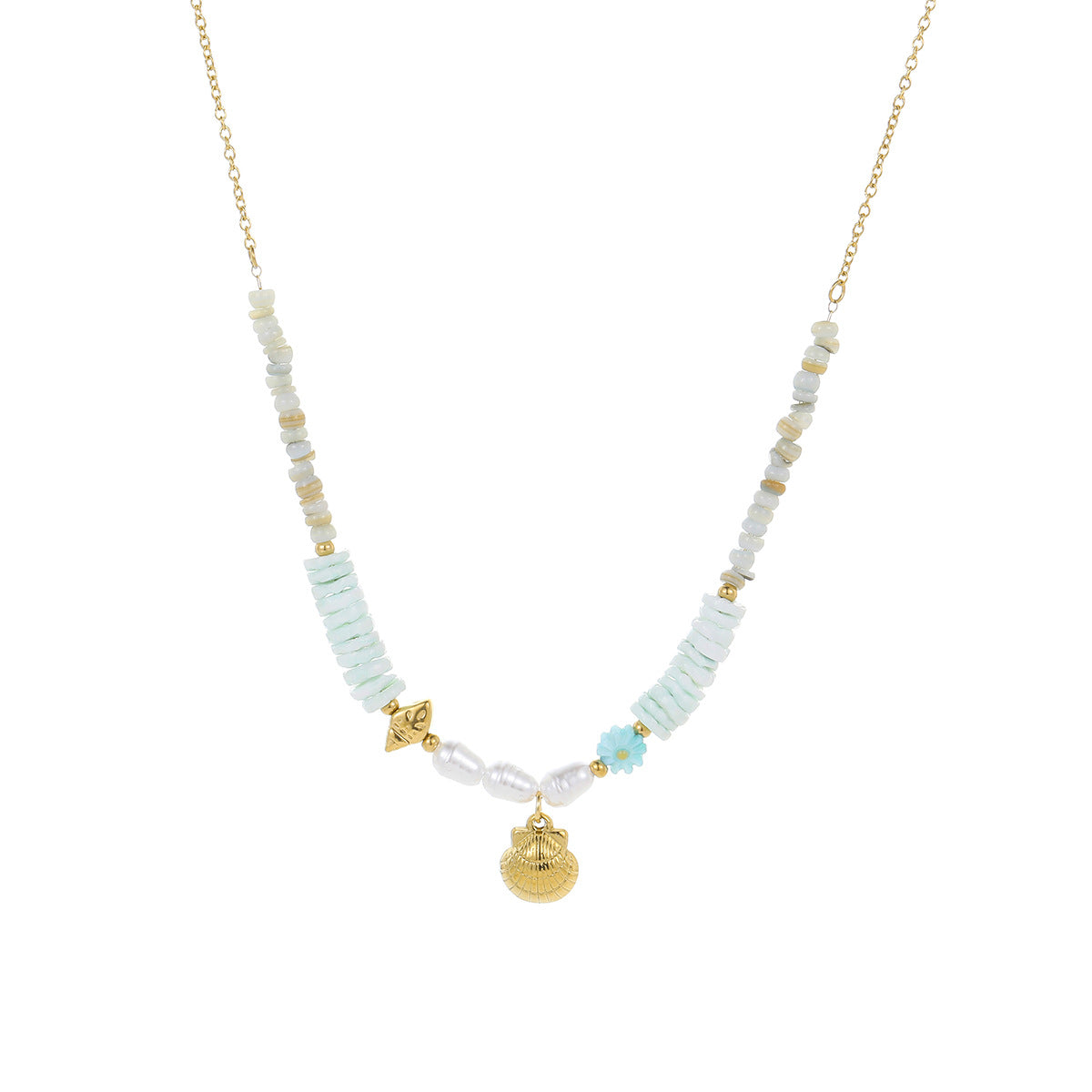 Collana da donna in acciaio inossidabile con placcatura in oro 18 carati a forma geometrica e texture a conchiglia, stile Fashion OL