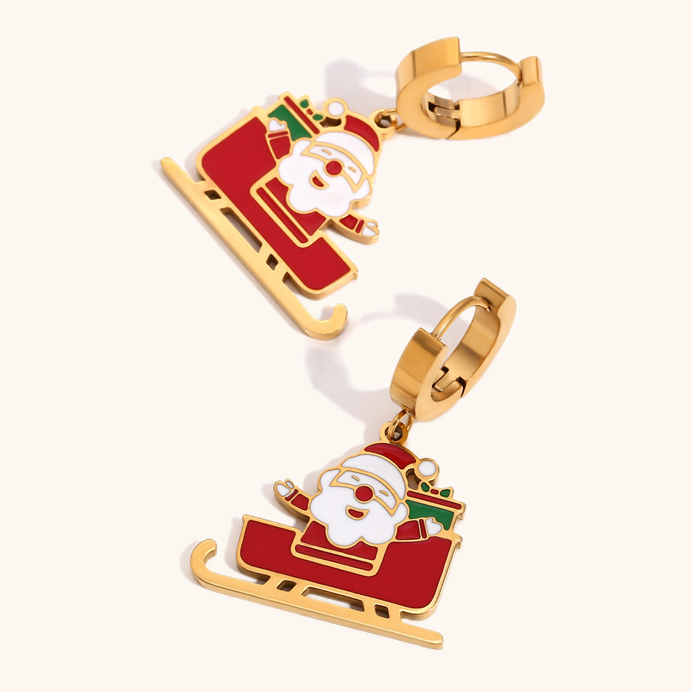 Orecchini di Babbo Natale da Cartone Animato per Donne, in Acciaio Inossidabile Placcato Oro 18K con Finitura Smaltata, Gioielli di Moda a Tema Festivo