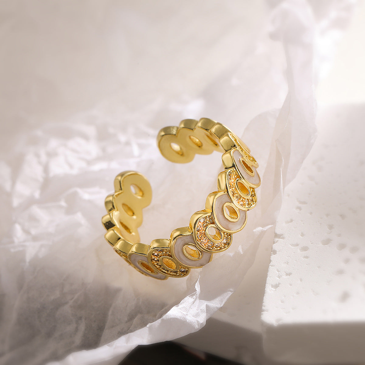 Bohemian Style Geometric Open Ring for Women Made of Copper with Real Gold Plating and Zircon Inlay with Enamel Finish