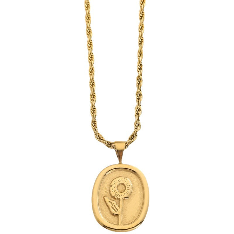 Collana Pendente Girasole Vintage da Donna in Acciaio al Titanio con Placcatura in Oro 18K, Catena Attorcigliata, Design Floreale, Pezzo Lusso Leggero da Stratificare