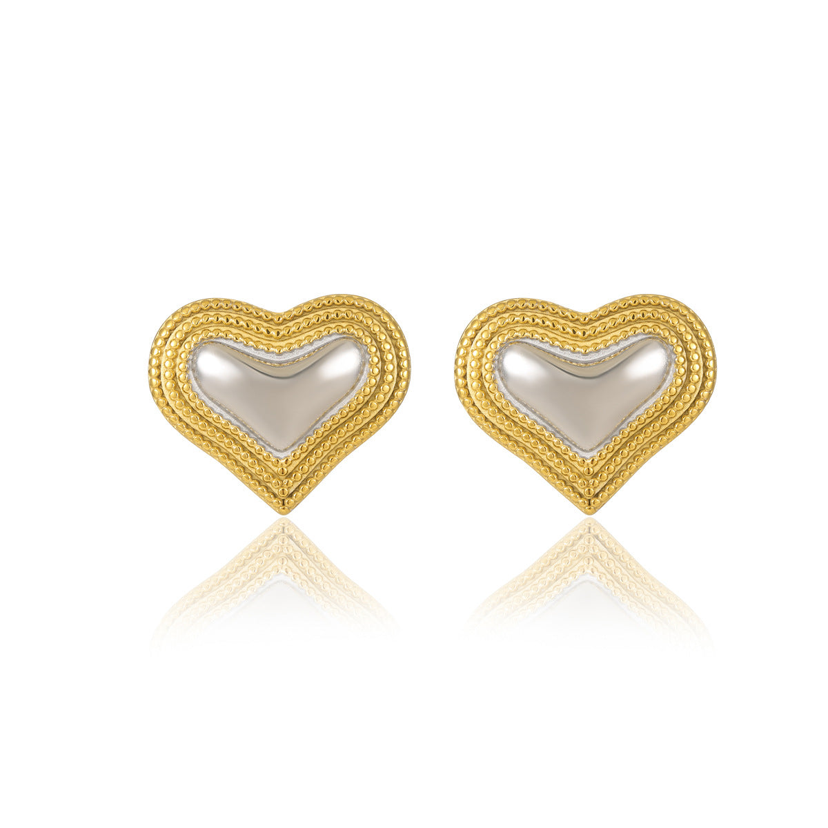 Pendientes de corazón con broche de acero inoxidable pulido estilo vintage, chapado en oro de 18K y borde triple con cuentas