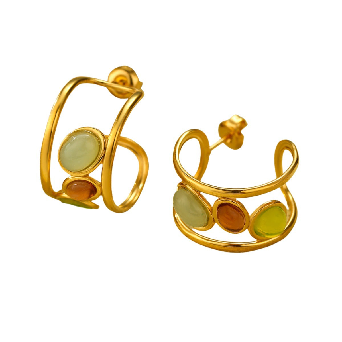 Orecchini da donna a C in acciaio inossidabile stile vintage con placcatura in oro 18 carati e intarsi in pietra naturale